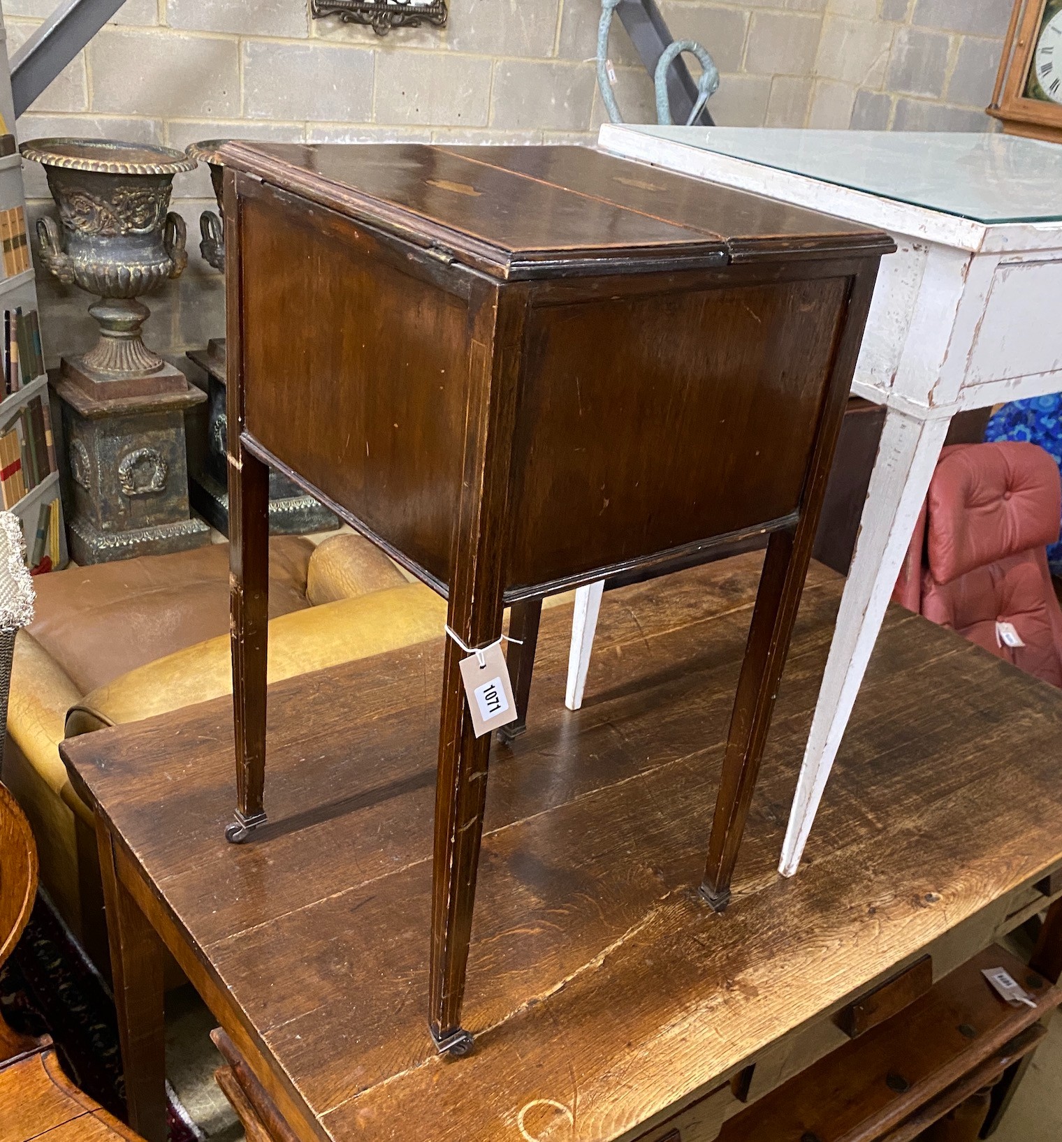 An Edwardian inlaid mahogany work box, width 38cm, height 71cm